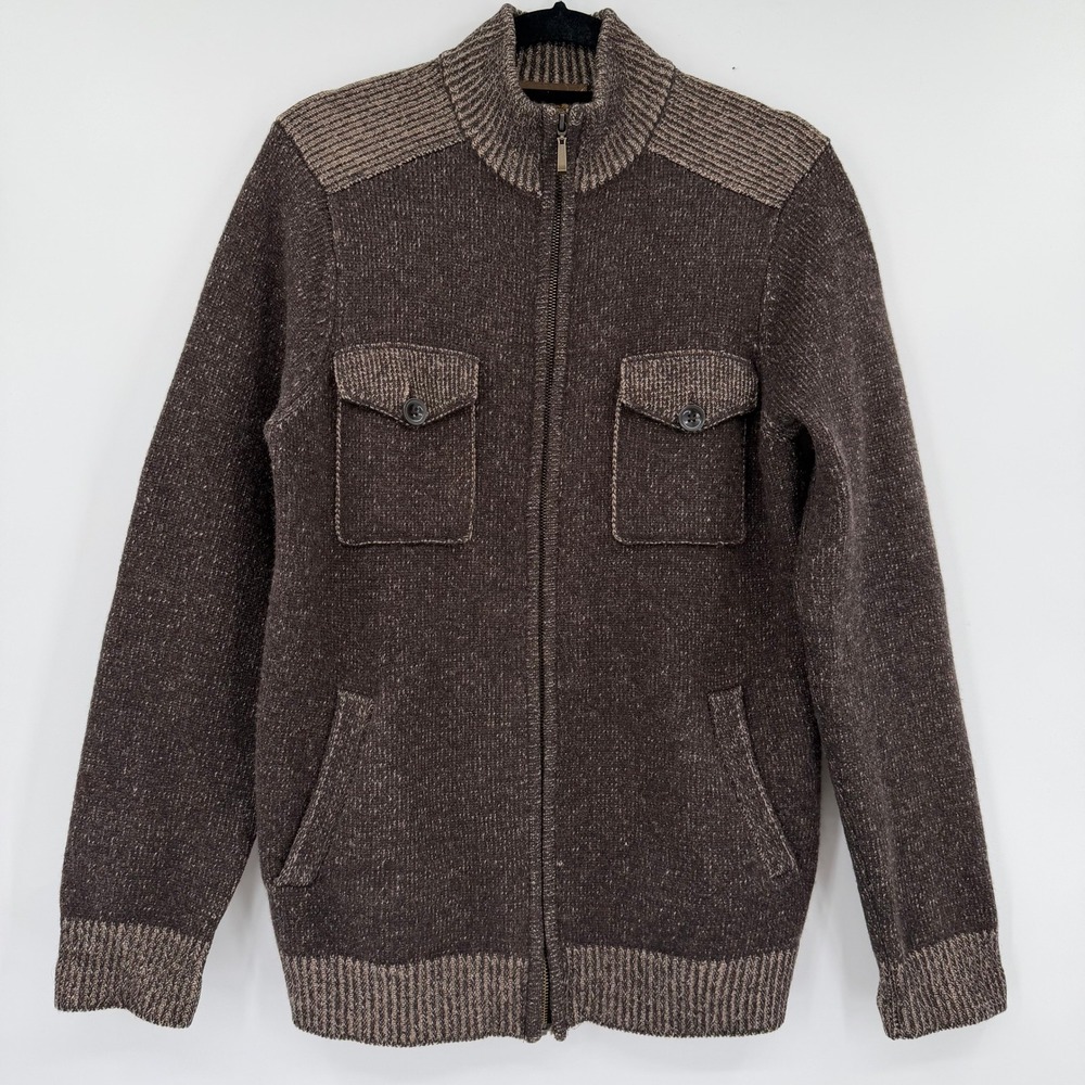 Pronto Uomo 100% Wool Brown Full Zip Cardigan Sweater Mens Medium Preppy